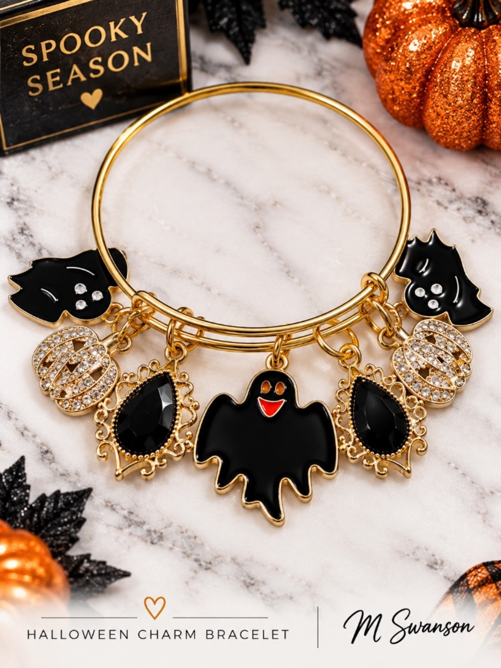 NEW Halloween Ghost Pumpkin Charm Bracelet Gold Rhinestone Adjustable